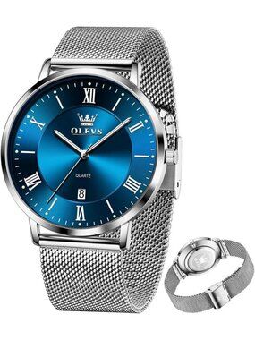 Mens Silver Blue Analog Quartz Mesh Strap Luxury Luminous Waterproof Round Watch